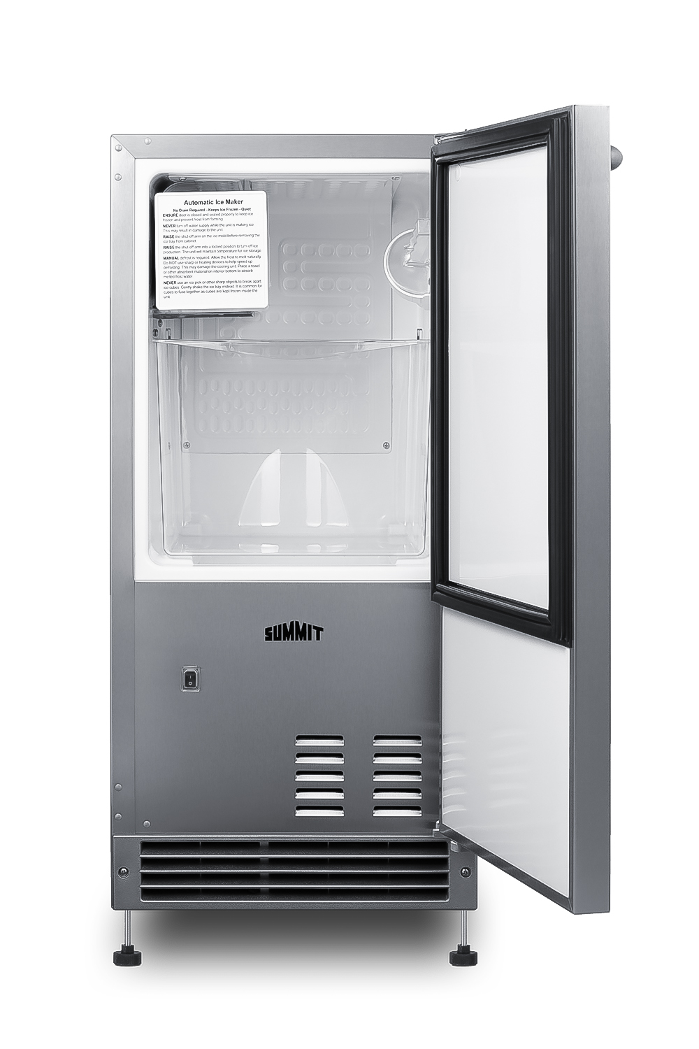 Built-in undercounter ADA compliant manual defrost icemaker wrapped in a stainless steel exterior finish; no drain required